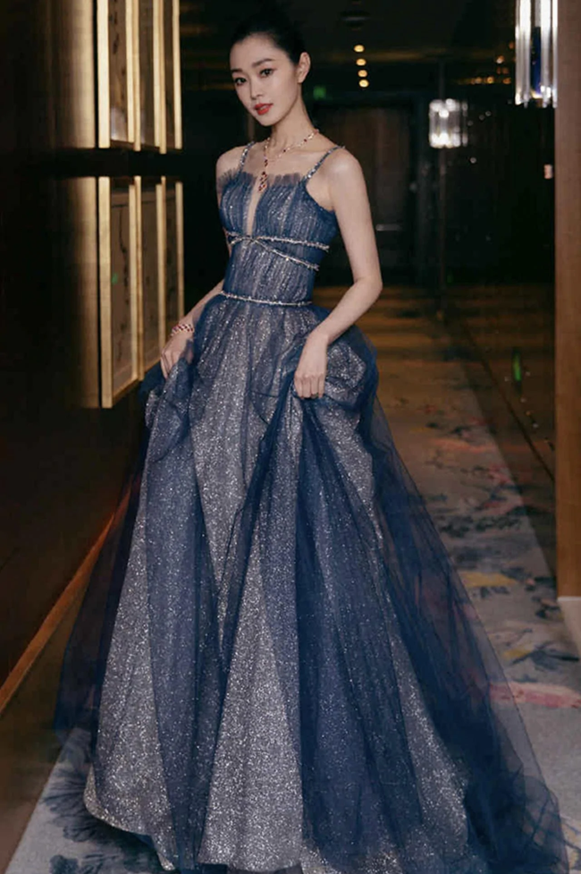Shiny tulle long A line prom dress blue evening dress Y105 Hover Image