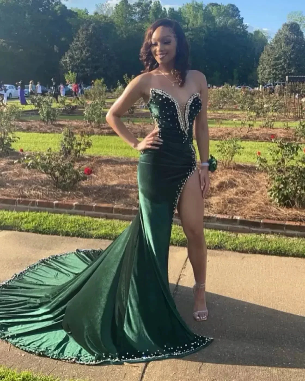 Green Velvet Sexy Strapless Prom Dresses Women Custom Split Long Evening Dress Y1422 by simplepromdress