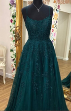 Tulle Lace A-line Scoop Spaghetti Straps Prom Dresses, Evening Dress Y1817