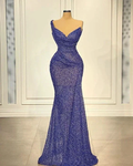 Elegant sparkly blue evening dress on mannequin, fitted gown by ZAPDRESS, showroom display