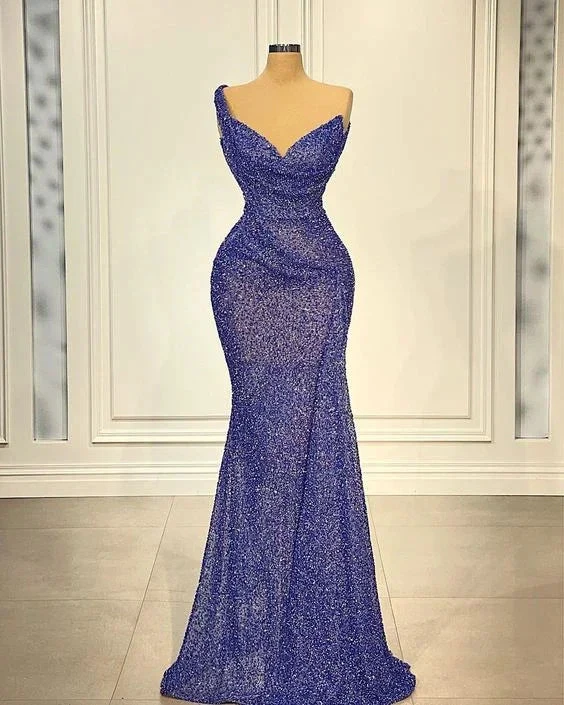 Elegant sparkly blue evening dress on mannequin, fitted gown by ZAPDRESS, showroom display