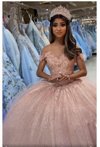 Beautiful Off The Shoulder Blush Pink Quinceanera Dress Glitter Blush Pink Ball Gown Y391 by simplepromdress