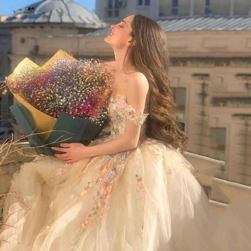 Gorgeous Off Shoulder Champagne Lace Floral Prom Dress, Long 3D Flower Champagne Formal Evening Dress, Champagne Ball Gown S20716 by simplepromdress