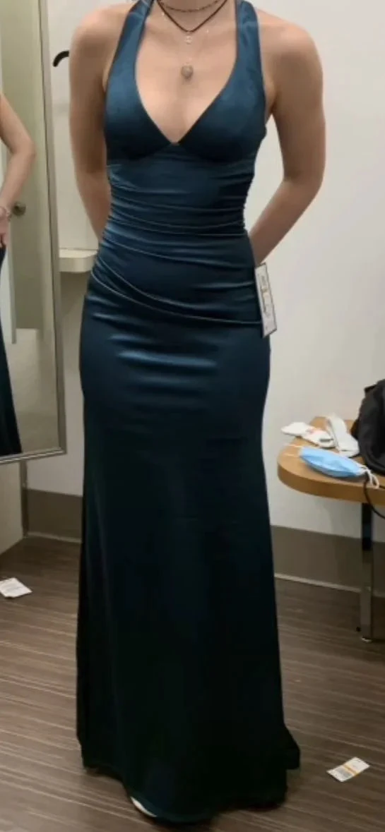 Long Formal Dress Womens Teal Strappy-back Satin Sleeveless Evening Dress Y2928 by simplepromdress