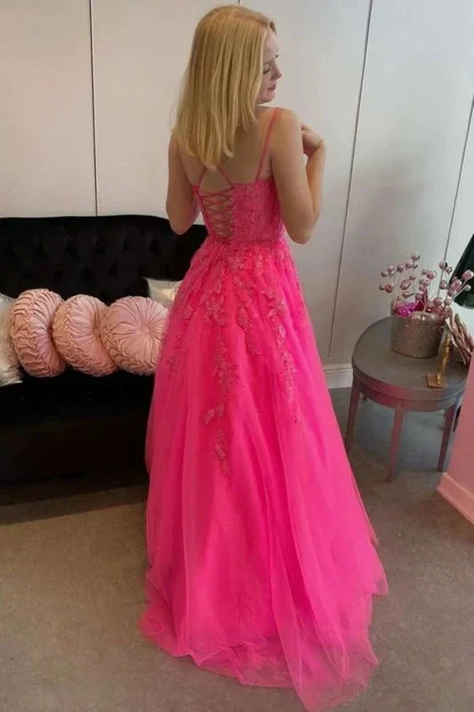 Open Back Hot Pink Tulle Lace Long Prom Dresses, Hot Pink Lace Formal Graduation Evening Dresses Y1585 by simplepromdress