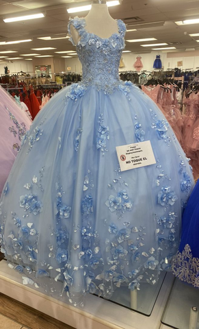 Vestido de tul azul con flores 3D, vestido azul de quinceañera, vestido de princesa azul Y2340