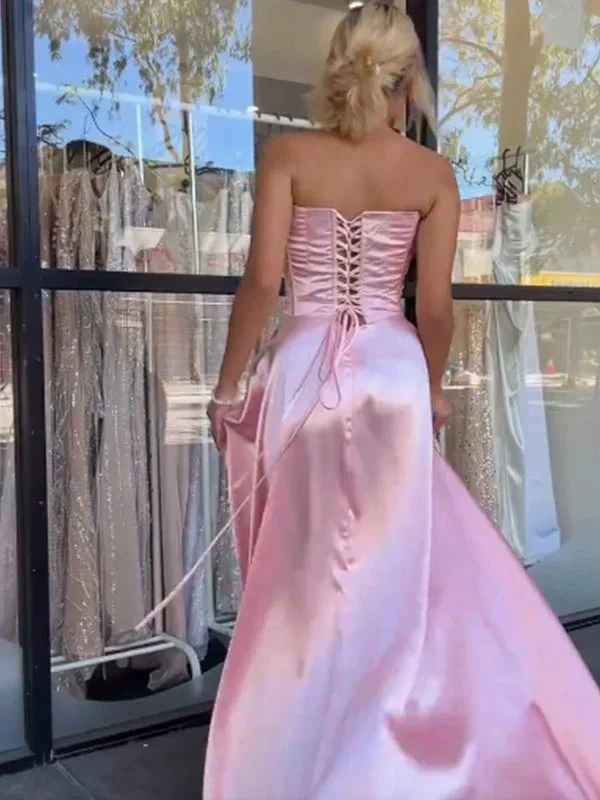 Pink Strapless Beaded Satin Formal Mermaid Prom Evening Dress Y7866 by simplepromdress