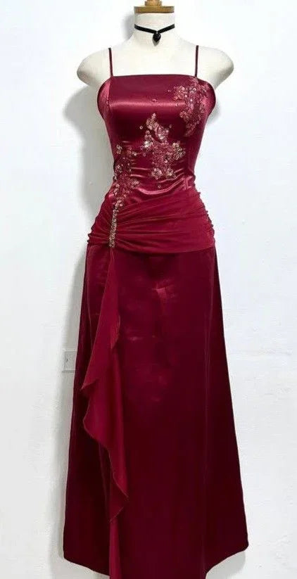 Vintage Burgundy Satin Chiffon Beaded Prom Dress Evening Dress Y8448 by simplepromdress