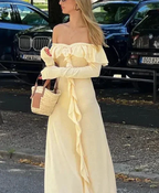 Classy Off The Shoulder Ruffles Cream Long Prom Dress Slit Party Evening Dress Y7975 by simplepromdress