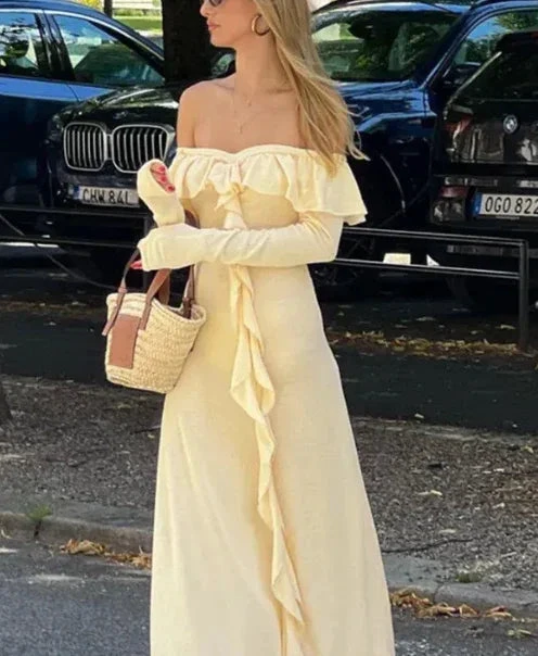 Classy Off The Shoulder Ruffles Cream Long Prom Dress Slit Party Evening Dress Y7975 by simplepromdress
