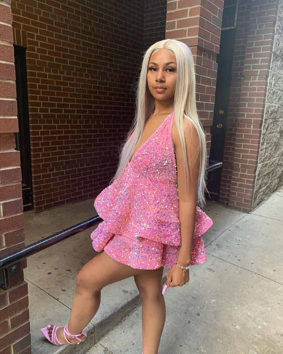 Deep V Neck Homecoming Dresses with Sequins Back Open Tiered Hoco Dress Y466 Main Image