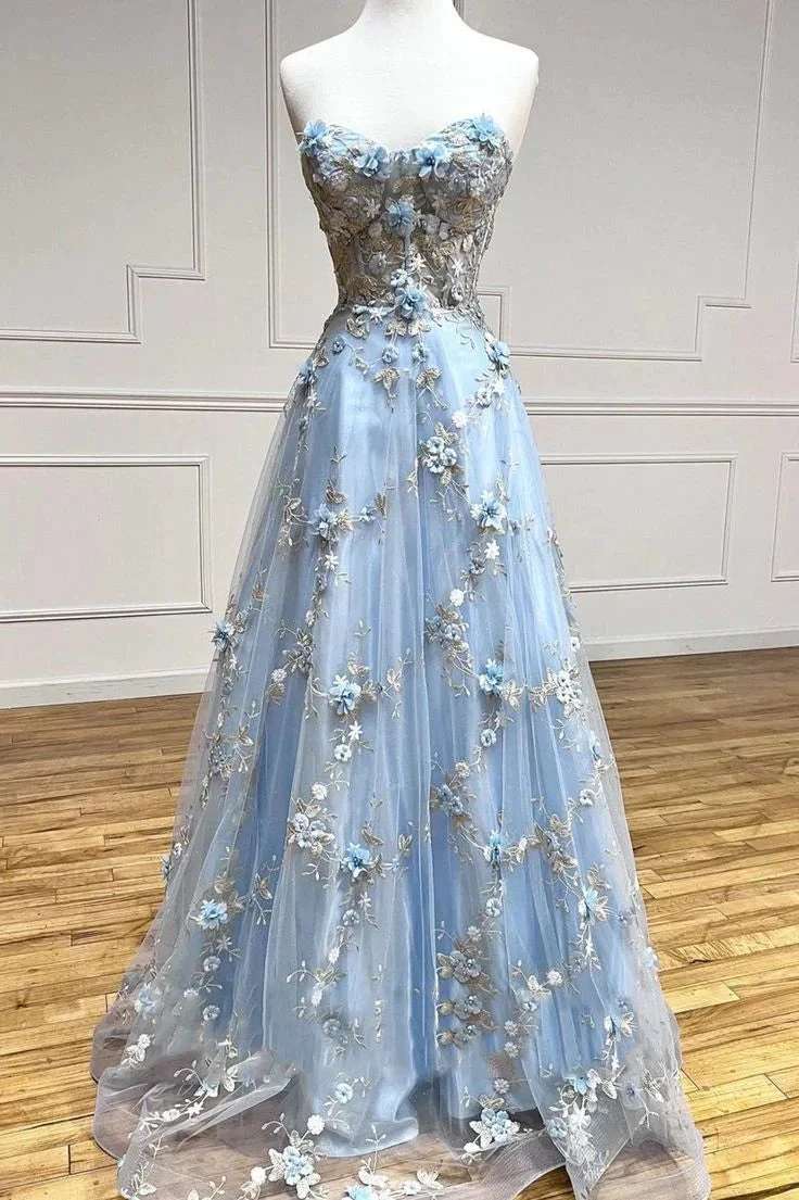 Blue Tulle Appliques Long Prom Dress A-Line Strapless Evening Dress Y6565 by simplepromdress