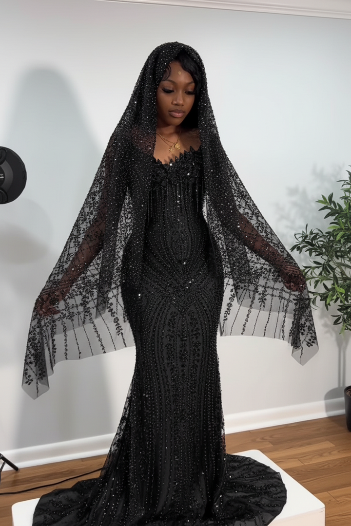 The Ruby Heiress - 2026 Hand-Beaded Crimson Mermaid Gown with Matching Crystal-Encrusted Hooded Veil