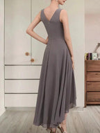 A-line V-Neck Asymmetrical Chiffon Mother of the Bride Dress With Beading Sequins by Dreamylily