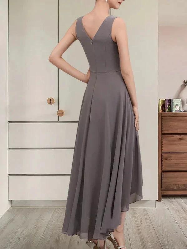 A-line V-Neck Asymmetrical Chiffon Mother of the Bride Dress With Beading Sequins by Dreamylily