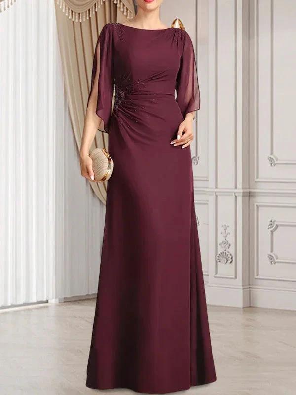 Sheath/Column Scoop Floor-Length Chiffon Mother of the Bride Dress With Pleated Beading by Dreamylily