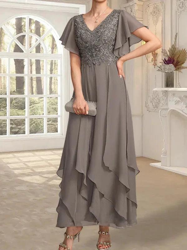 A-line V-Neck Ankle-Length Lace Chiffon Mother of the Bride Dress With Cascading Ruffles by Dreamylily