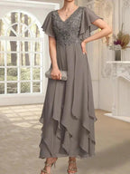 A-line V-Neck Ankle-Length Lace Chiffon Mother of the Bride Dress With Cascading Ruffles by Dreamylily