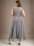 A-line Scoop Illusion Asymmetrical Lace Chiffon Mother of the Bride Dress With Pleated by Dreamylily