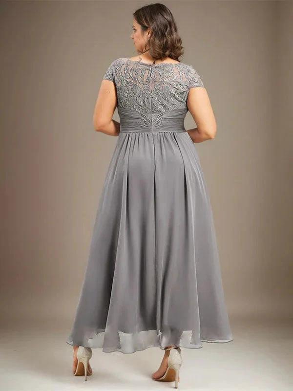 A-line Scoop Illusion Asymmetrical Lace Chiffon Mother of the Bride Dress With Pleated by Dreamylily