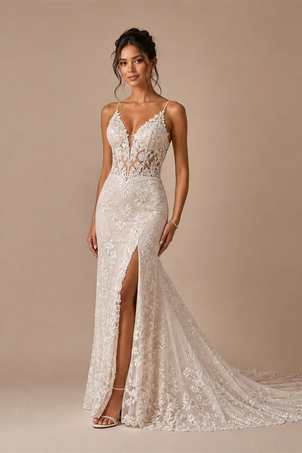 Shiny Mermaid Sexy Backless Wedding Dress Customized Modern Deep V Neck Bridal Gown With Cape Fantasy Sequined Classy Bride Wear - studio product image 7