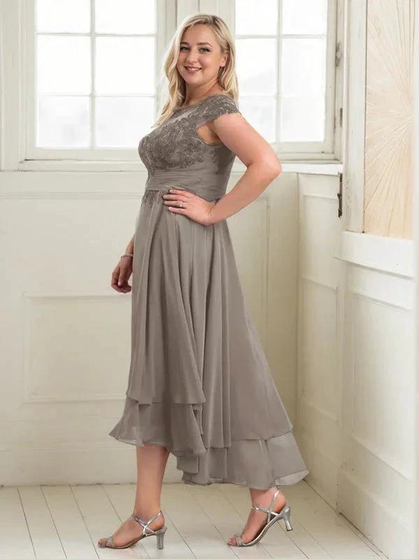 A-line Boat Neck Illusion Asymmetrical Chiffon Lace Mother of the Bride Dress With Applique Pleats by Dreamylily