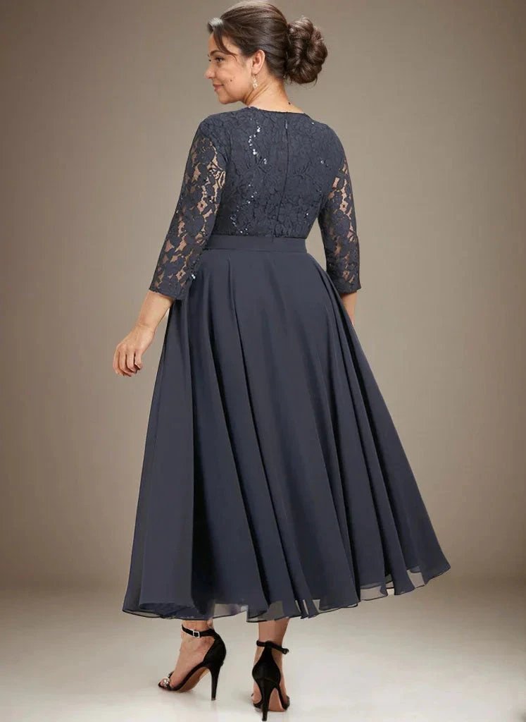 A-line Scoop Tea-Length Lace Chiffon Mother of the Bride Dress With Sequins by Dreamylily