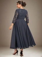 A-line Scoop Tea-Length Lace Chiffon Mother of the Bride Dress With Sequins by Dreamylily