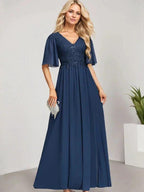 A-line V-Neck Floor-Length Lace Chiffon Mother of the Bride Dress With Sequins by Dreamylily