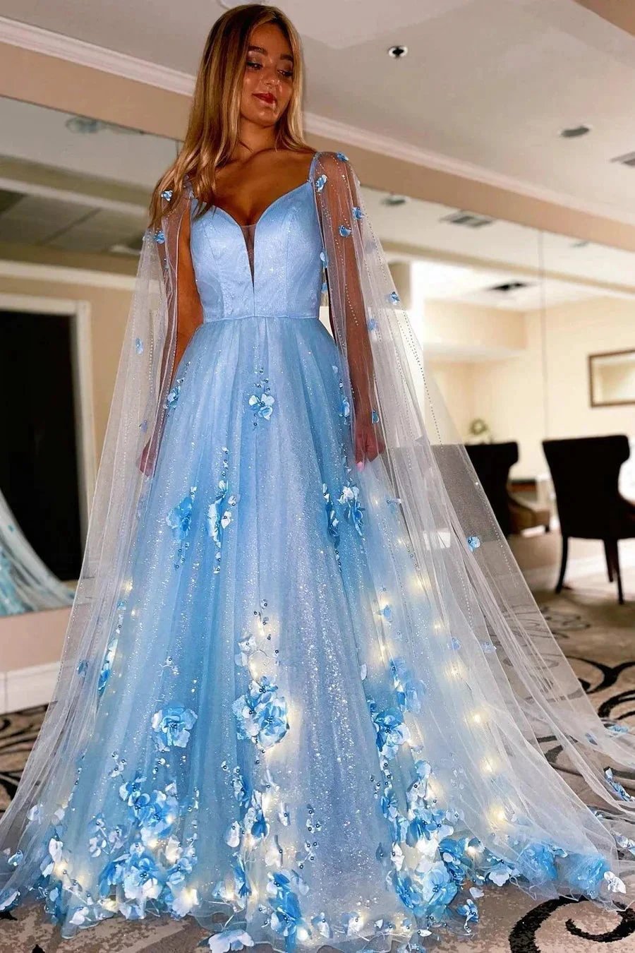 Lavender 3D Floral Lace A-Line Prom Dress with Cape Sleeves by KissProm
