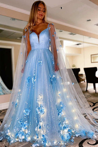 Lavendelfarbenes A-Linien-Ballkleid aus 3D-Blumenspitze mit Cape-Ärmeln 