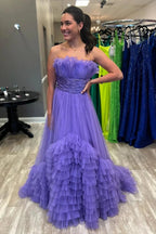 Alani |A-Line Strapless Pink Tiered Long Tulle Prom Dress by KissProm