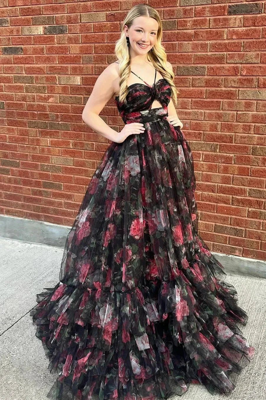 Rita | Pink Print Halter Keyhole A-Line Long Prom Dress by KissProm