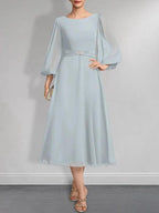 A-line Scoop Tea-Length Chiffon Mother of the Bride Dress With Crystal Brooch Pleated by Dreamylily