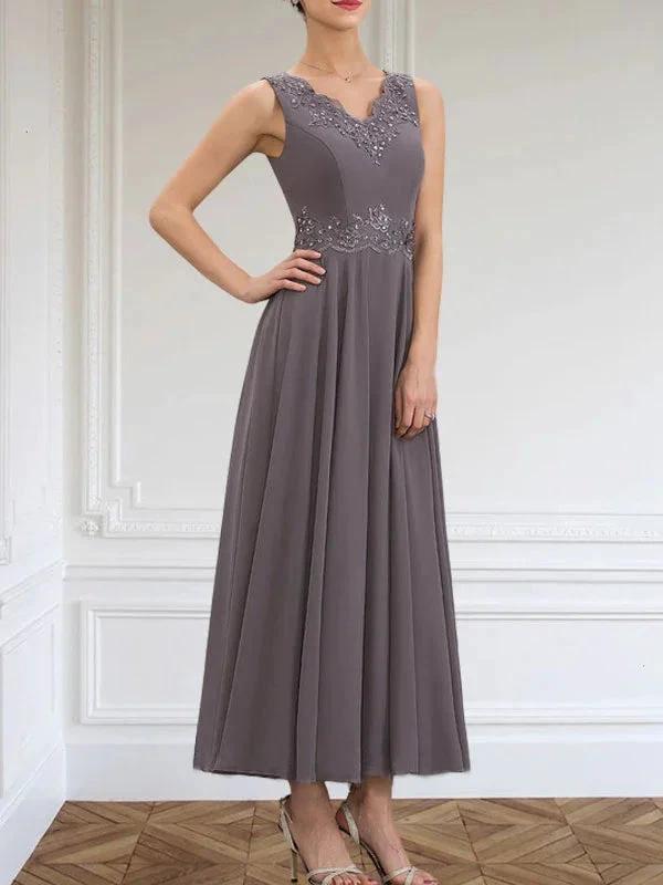 A-line V-Neck Ankle-Length Chiffon Mother of the Bride Dress With Sequins Appliques Lace Beading by Dreamylily