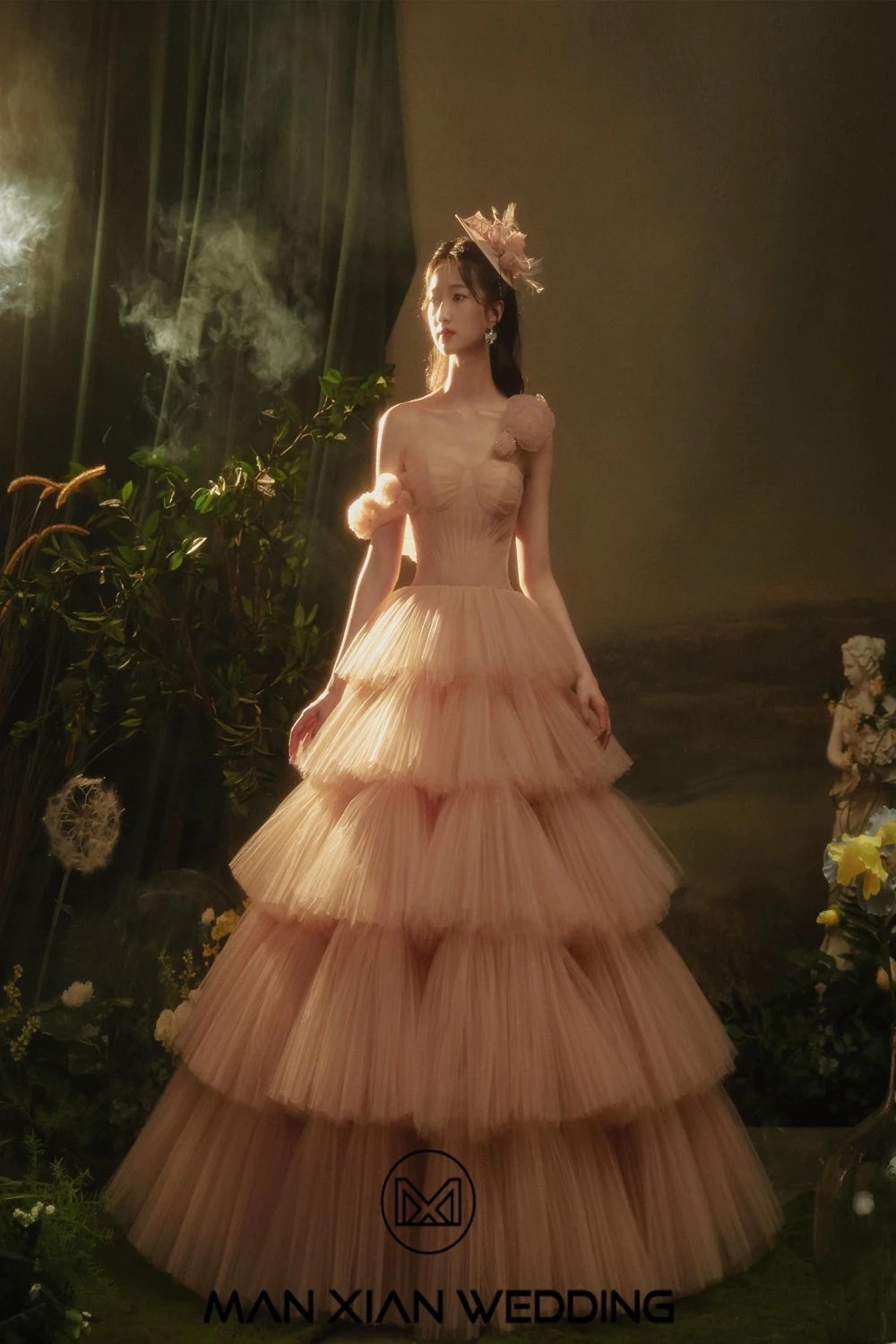 Ethereal Blush Strapless Tulle Ball Gown with 3D Floral Accents & Tiered Ruffles by ZAPDRESS