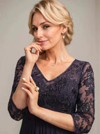 A-line V-Neck Floor-Length Lace Chiffon Mother of the Bride Dress With Cascading Ruffles Sequins by Dreamylily