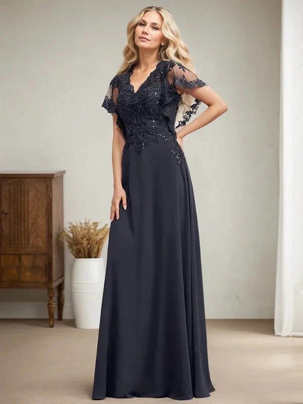 A-line V-Neck Floor-Length Lace Chiffon Mother of the Bride Dress With Sequins by Dreamylily