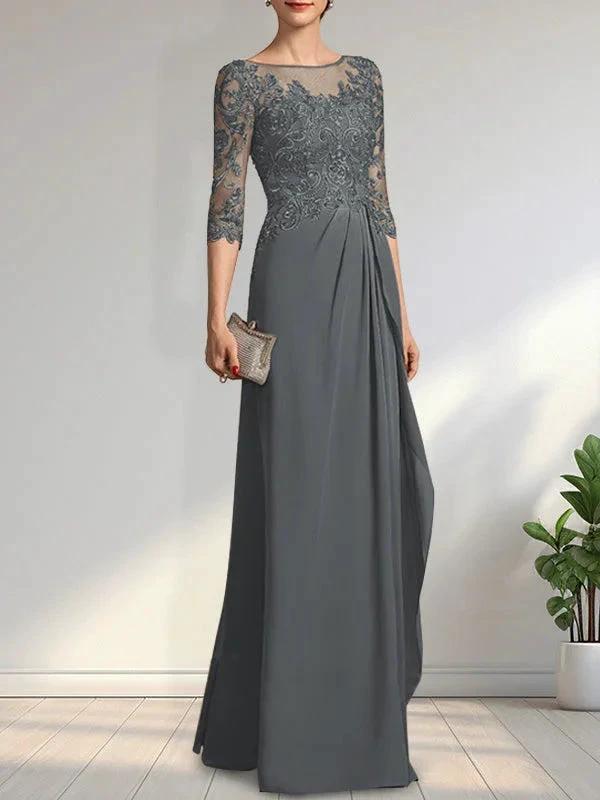 A-line Scoop Illusion Floor-Length Chiffon Lace Mother of the Bride Dress With Beading Sequins Cascading Ruffles by Dreamylily