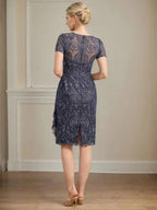 Sheath/Column Scoop Illusion Knee-Length Lace Chiffon Mother of the Bride Dress With Cascading Ruffles Sequins by Dreamylily