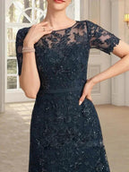 A-line Scoop Illusion Tea-Length Lace Mother of the Bride Dress With Sequins by Dreamylily