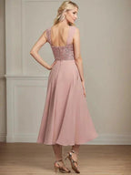 A-line Square Tea-Length Chiffon Lace Mother of the Bride Dress With Sequins Beading by Dreamylily