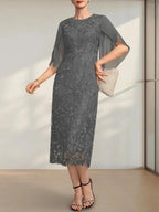 Sheath/Column Scoop Tea-Length Lace Chiffon Mother of the Bride Dress by Dreamylily