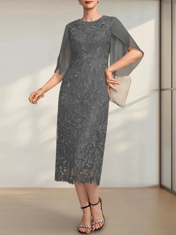 Sheath/Column Scoop Tea-Length Lace Chiffon Mother of the Bride Dress by Dreamylily