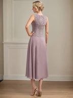 A-line Scoop Tea-Length Lace Chiffon Mother of the Bride Dress by Dreamylily