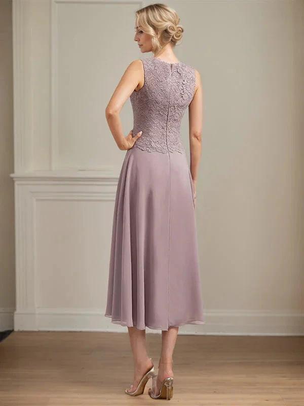 A-line Scoop Tea-Length Lace Chiffon Mother of the Bride Dress by Dreamylily