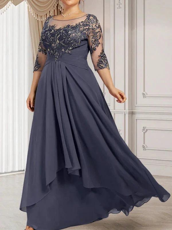 A-line Scoop Illusion Floor-Length Lace Chiffon Mother of the Bride Dress With Cascading Ruffles by Dreamylily