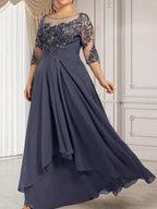 A-line Scoop Illusion Floor-Length Lace Chiffon Mother of the Bride Dress With Cascading Ruffles by Dreamylily