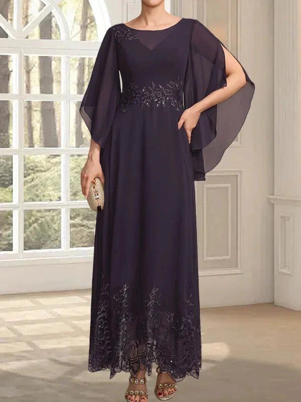 A-line Scoop Illusion Ankle-Length Lace Chiffon Mother of the Bride Dress With Sequins by Dreamylily