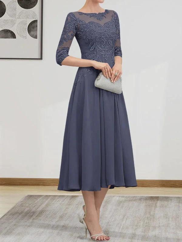A-line Scoop Illusion Tea-Length Chiffon Lace Mother of the Bride Dress With Beading Sequins by Dreamylily